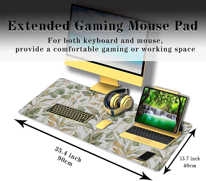 Large Mousepad Green Gold Leaf, Gaming Mousepads Keyboard Mats, Computer Gaming Mouse Pad Non-Slip Rubber Base Waterproof with Stitched Edges, 35.4 X 15.7 inch for Work/Game/Office/Home