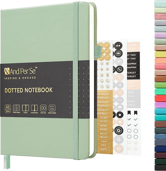 &And Per Se Dotted Journal Notebook, A5 Hardcover Leather Bullet Dotted Journal, 160 Pages 100 gsm Thick Paper, 3 Sheets of Stickers Included- 5.7'' x 8''（Light Green）