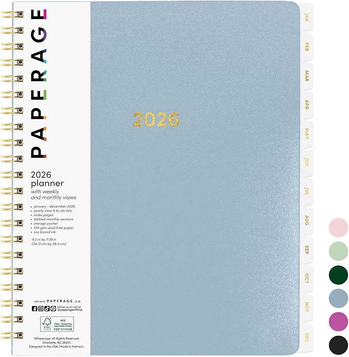PAPERAGE 2026 Weekly & Monthly Planner, 12 Months (January 2026 - December 2026), 9.2 in x 11.2 in, Spiral Bound 2026 Planner with Weekly, Monthly & Yearly Views, Note Pages & Inner Pocket – Slate