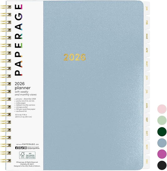 PAPERAGE 2026 Weekly & Monthly Planner, 12 Months (January 2026 - December 2026), 9.2 in x 11.2 in, Spiral Bound 2026 Planner with Weekly, Monthly & Yearly Views, Note Pages & Inner Pocket – Slate