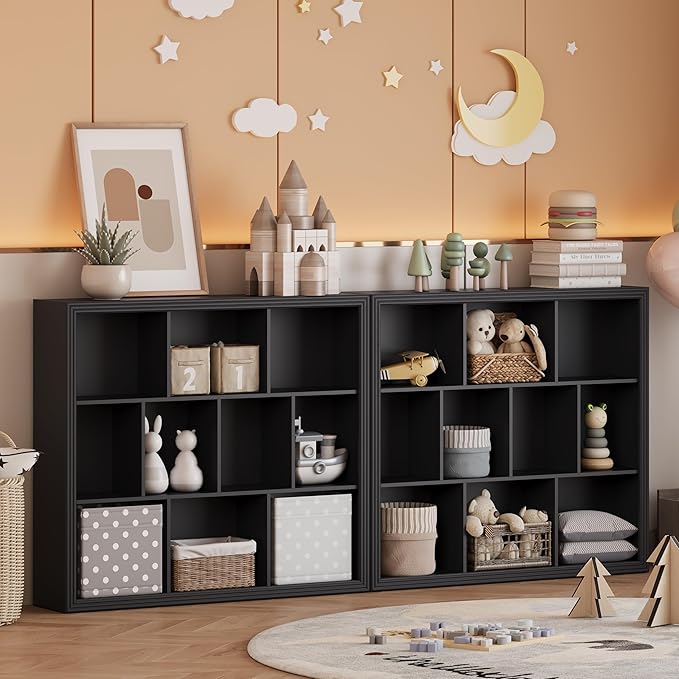 Wooden 10-Cube Storage Organizer, 3-Tier Bookshelf, Wood Black Bookshelf, Bookcase, Cubical Storage Shelf with 3 Removable Back Panels for Bedroom Home and Office