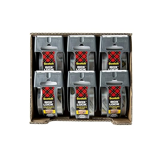 Scotch Box Lock Packing Tape, Clear, Extreme Grip Box Packaging Tape for Shipping and Mailing, 1.88 in. x 22.2 yd., 6 Rolls with Dispensers (Pack of 6)
