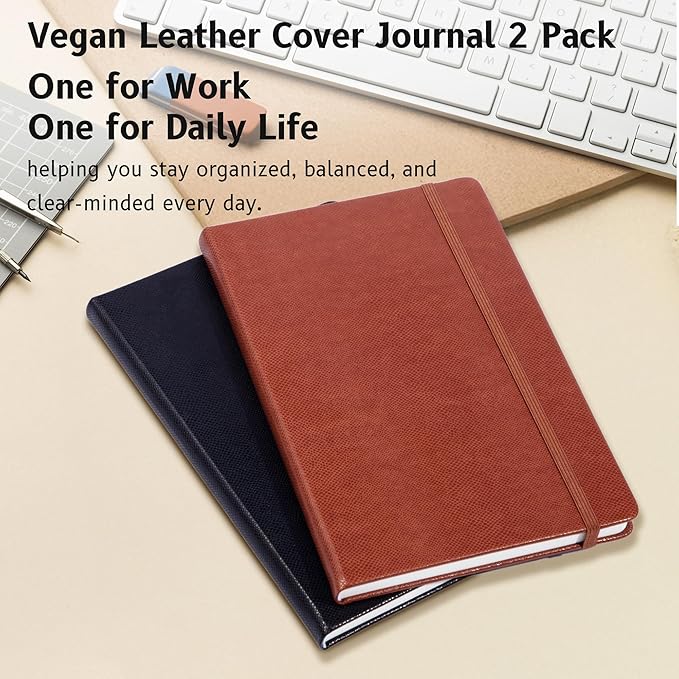 Lined Journal Notebooks for Work 2 Pack, 320 Pages, Medium 5.5 in x 8.5 in - 100 GSM Thick Paper, Hardcover Journal Leather Notebook for Writing & Note Taking, 2 Brown