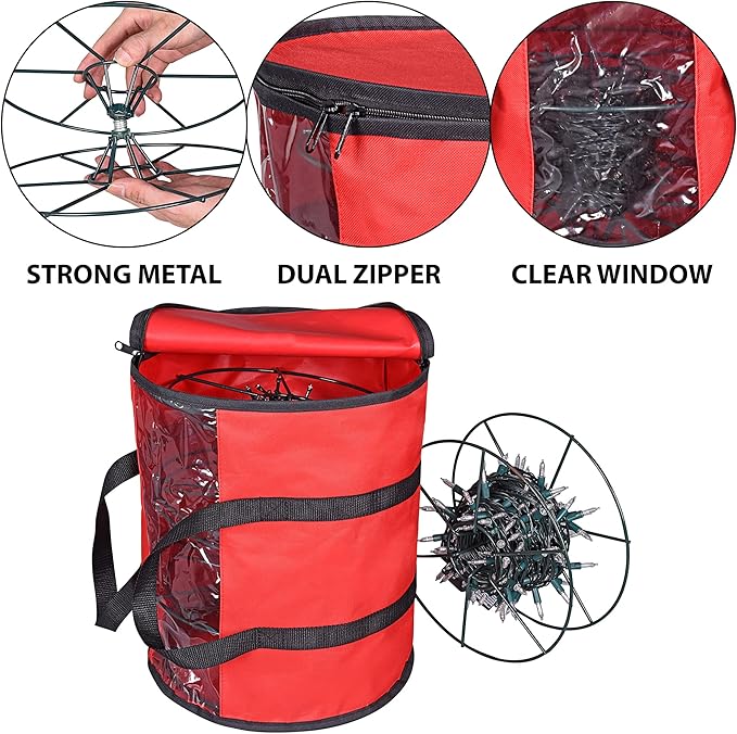ProPik Christmas Light Storage Bag | Holiday Light Storage Organizer with 3 Metal Reels for Tree Lights & Extension Cords Constructed of Durable 600D Oxford Material with Clear PVC Window (Red)