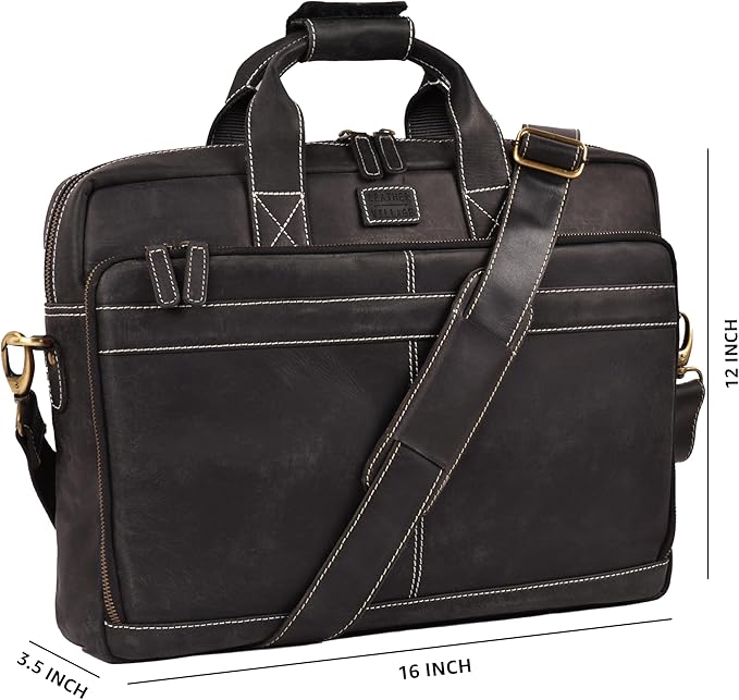 LEATHER VILLAGE 16" Leather Laptop Messenger Briefcase Bag for Men-Leather Satchel for Travel and Office Shoulder Bag-Black