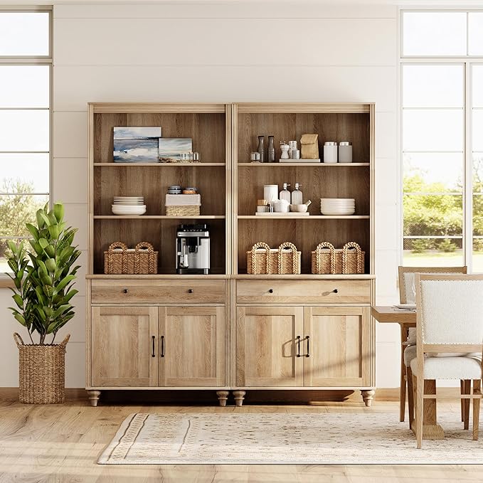 WAMPAT 5 Tier Bookshelf 72" Tall Bookcase with Barn Doors, Large Farmhouse Display Book Shelf with 2 Drawers and Storage Cabinet, Library Wood Bookshelves for Living Room,Kitchen, Oak(2PCS)