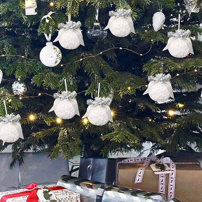 Nature Vibe Set of 6 Faux Fur White Christmas Ornaments Box Pack,Christmas Balls with Silver Accent as Christmas Tree Decorations or Winter Wonderland Decorations