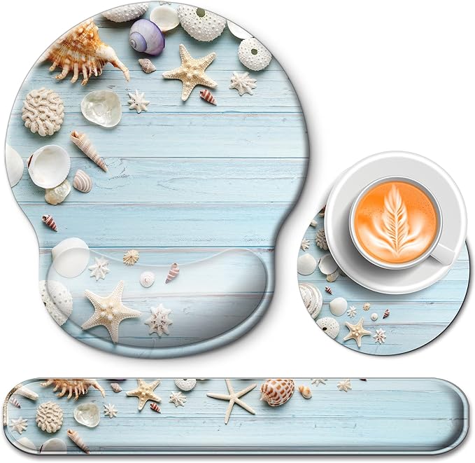 Mouse Pad and Keyboard Wrist Rest Support, with Non-Slip PU Base,Gel Mouse Pad with Coaster,Pain Relief for Gaming, Computer,Office -Seashell