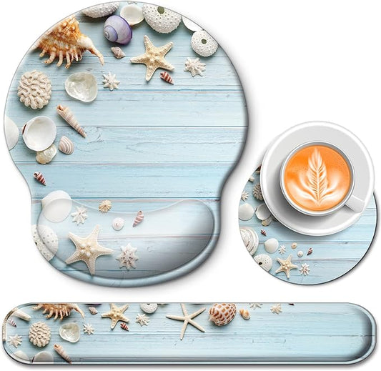Mouse Pad and Keyboard Wrist Rest Support, with Non-Slip PU Base,Gel Mouse Pad with Coaster,Pain Relief for Gaming, Computer,Office -Seashell