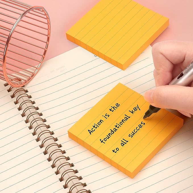 Lined Sticky Notes 3x3 Sticky Notes with Lines Self-Stick Notes Bright Color 4 Pads 90 Sheets/Pad (Orange)