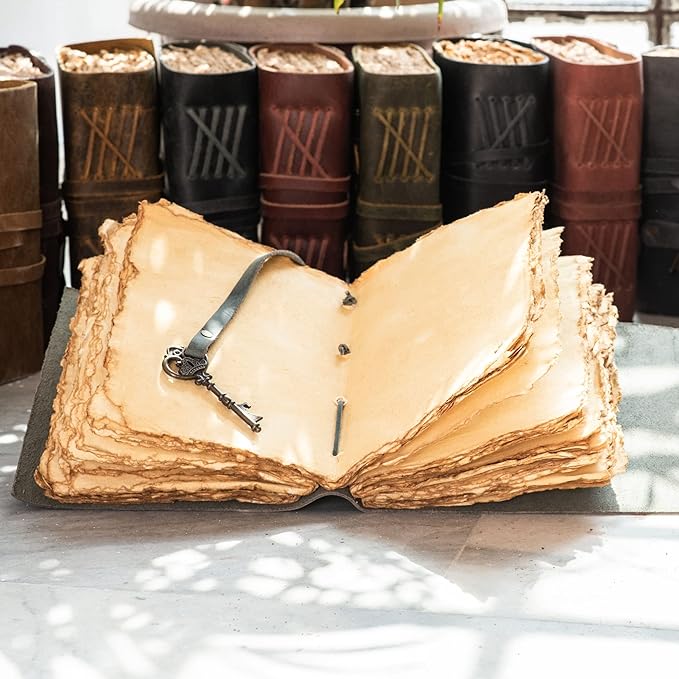 LEATHER VILLAGE Vintage Leather Journal – 200 Handmade Vintage Deckle Edge Paper – Leather bound Journal For Women Men – Vintage Key Closure - Book of Shadows - Chocolate Brown - 13X8 inches