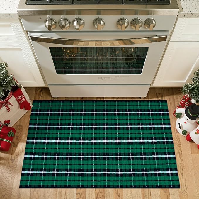 OJIA Christmas Front Door Mat Outdoor 24"x36" Cotton Green Plaid Rug, Washable Front Porch Rug Farmhouse Holiday Doormat Indoor Small Area Rugs for Layered Welcome Mat Kitchen Entrance Bathroom Decor