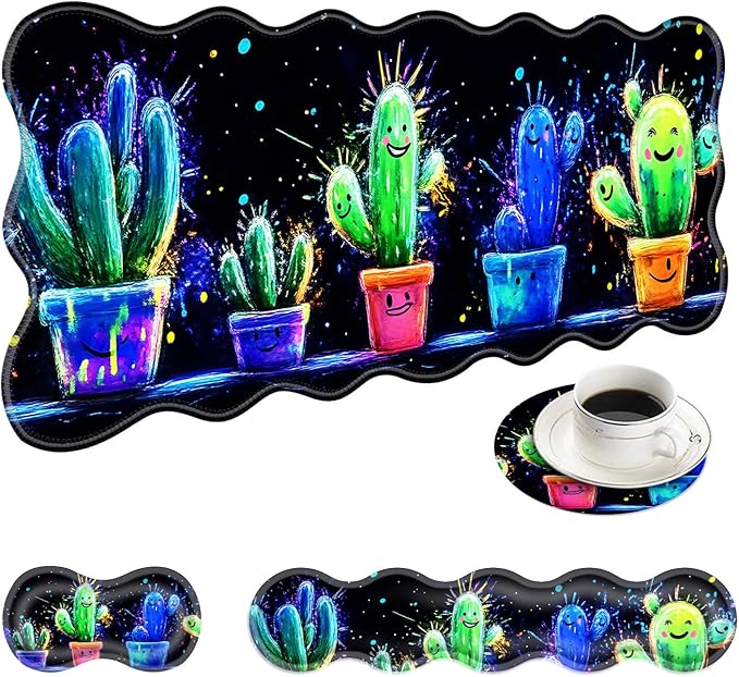 Large Mouse Pad and Keyboard Wrist Rest, Desk Pad for Keyboard and Mouse, 4-in-1 Large Gaming Mouse Pad with Wrist Support, Desk Mat for Home Office Study Game-Cute Cactus