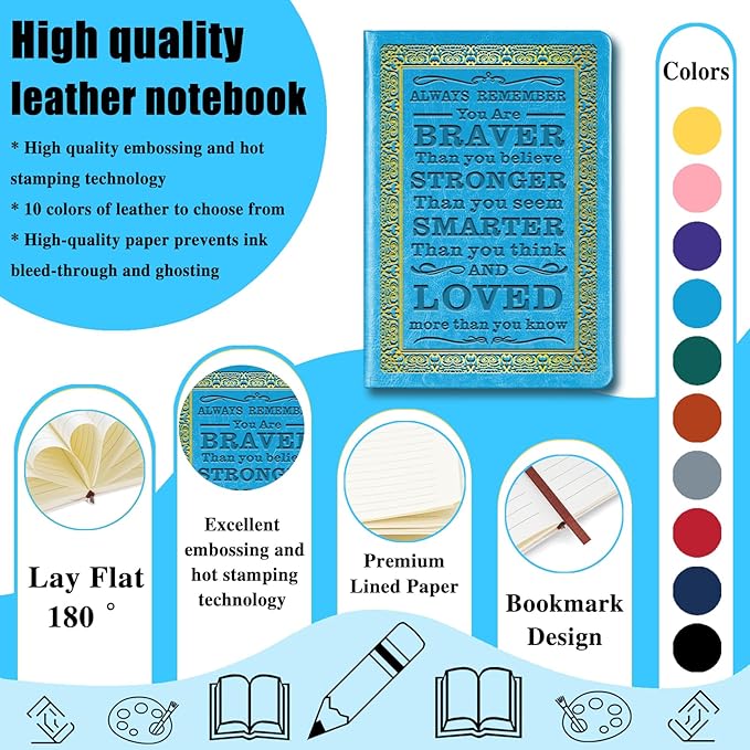 Light Blue A5 Lined Leather Journal Notebook,Inspirational Leather Journal Notebook for Men Women,200 Pages 100 Gsm Thick Ruled Paper Daily Diary for School,Travel,Business,Work (Light Blue)