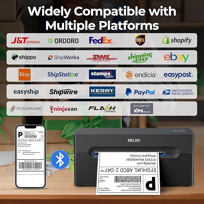Nelko Bluetooth Thermal Shipping Label Printer, Wireless 4x6 Shipping Label Printer for Small Business, Support Android, iPhone and Windows, Widely Used for Amazon, Ebay, Shopify, Etsy, USPS