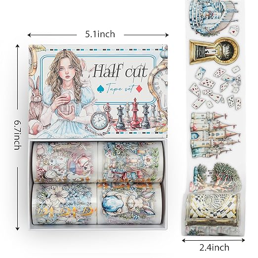 Snycler Pre-Cut Fairy Tale Themed PET Washi Tapes - Vintage Aesthetic Tape Stickers for Journaling, Scrapbooking, Junk Journals, Crafts, Planners - 4 Rolls