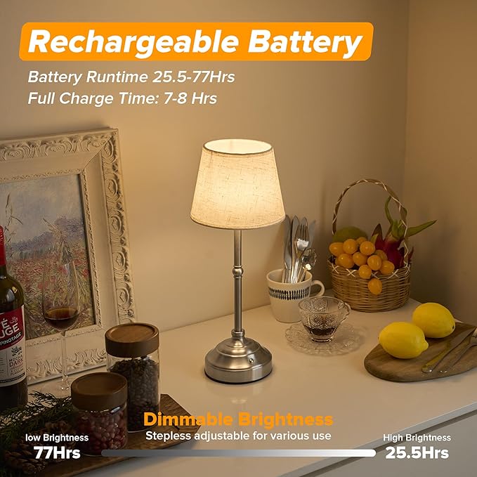 2 Pack Cordless Table Lamp, Rechargeable Desk Lamp with Fabric Shade, Battery Operated Lamp 3 Color Stepless Dimming, Small Touch Bedside Lamp Home Decor for Dining, Counter (Brushed Sliver)