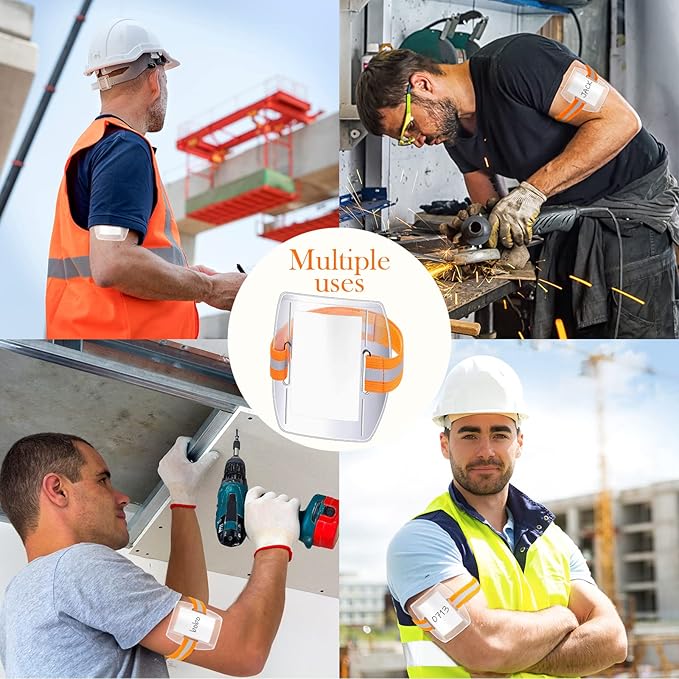 Meanplan 50 Pcs Arm Badge Holder Armband ID Badge Holder Bulk Visibility PVC with Adjustable Belt Elastic Armband Clear Name Tag for Work Pass, Postcards, Universal Size(Orange)