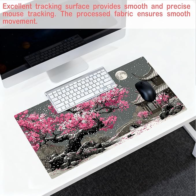 Nuxovilar Professional Large Mouse Pad & Computer Game Mouse Mat (35.4x15.7IN, Japanese Cherry Blossom & Moon Art) (90 * 40cm Japanese Cherry Blossom)