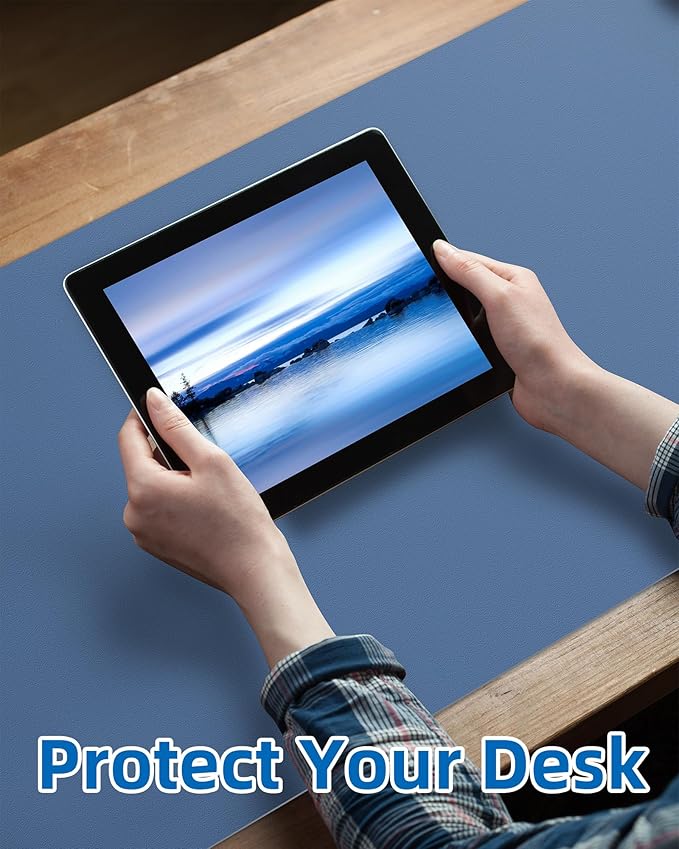 Leather Desk Pad Blotter,Mouse Pad,Office Desk Mat, Non-Slip PU Leather Desk mat,Large Desk mat,Waterproof Keyboard mat for Office/Home/Decor (Grey Blue,35" x 17")