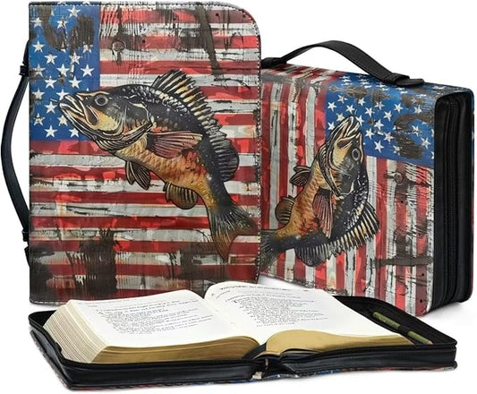 Lotusorchid Bass Fish Print Bible Cover Case, Zippered Bible Carrying Case for Women Girls, American Flag Bible Tote Bag Sturdy Bible Book Cover for Bible Study, Christian Bible Accessories, L