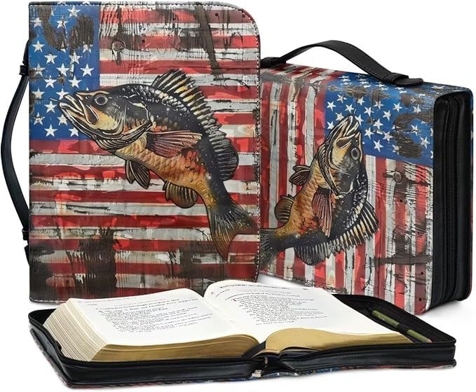 Lotusorchid Bass Fish Print Bible Cover Case, Zippered Bible Carrying Case for Women Girls, American Flag Bible Tote Bag Sturdy Bible Book Cover for Bible Study, Christian Bible Accessories, M
