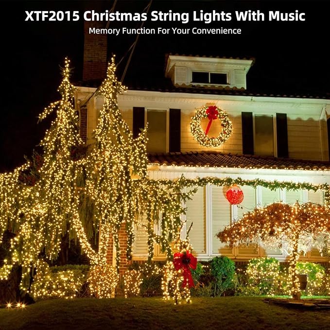 Music Motion Sensor Christmas String Lights 105ft 300 LED, Warm White Christmas Tree Light，End to End Plug In 6 Modes Christma s Lights, Waterproof for Indoor Outdoor Tree Party Yard Room Decor