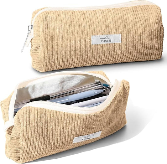 Pencil Bag Pen Case, Soft Corduroy Small Pencil Pouch Organizer with Zipper, Cute Pencil Case Pouch Stationery for Girls and Boys – Apricot