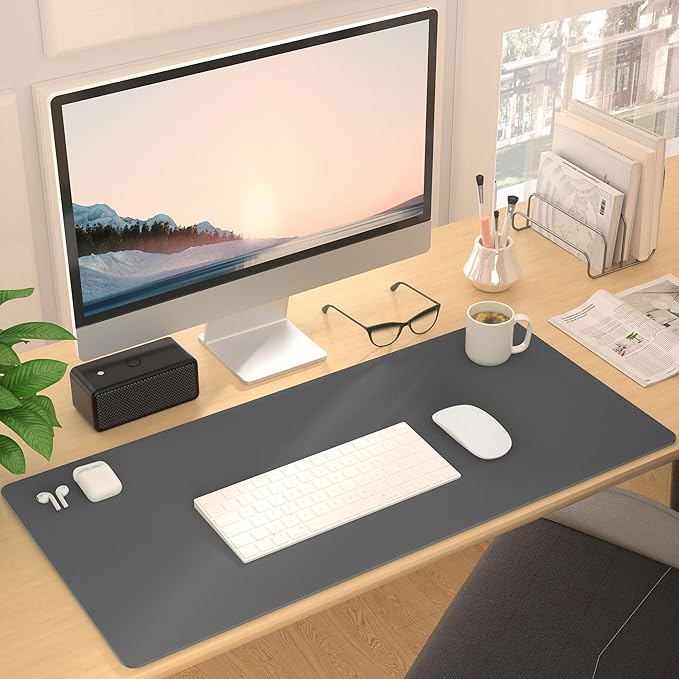 Leather Desk Pad Protector, Mouse Pad, Non-Slip Computer Mat for Desk, PU Leather Office Desk Mat for Home & Office, Waterproof Laptop Desk Blotter for Keyboard and Mouse, Deep Grey (17''X36'')