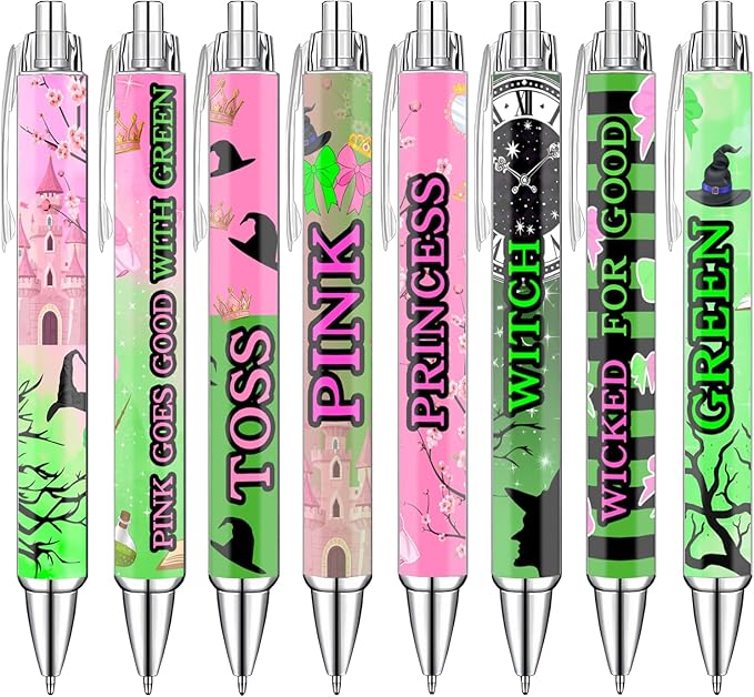 Halloween Princess and Witch Pens Set – Magical Fantasy-Themed Ballpoint Pens for Girls, Students, Stationery Lovers – Smooth Writing Pens for School, Journaling, Gifts – Pink Green Pens, 8 Pack