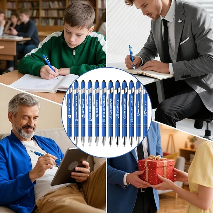 Inspiring Pen Set - 12 Inspirational Quote Ballpoint Pens with 12 Refills, Blue Ink - Motivational Gifts for Office & School | Encouragement Gifts for Men & Women, Blue