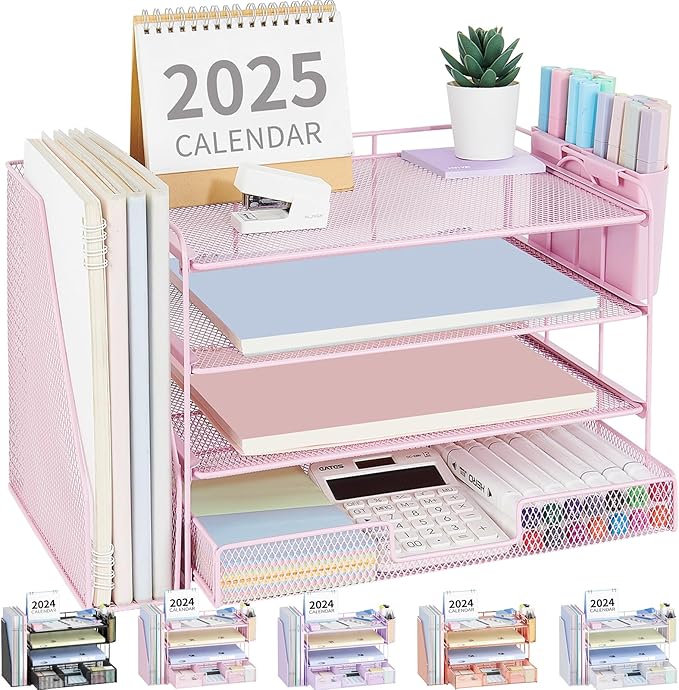 OPNICE Desk Organizer and Accessories, 4-Tier Desktop File Organizer with Drawer and 2 Pen Holders, Office Desk Accessories, File Sorters, Workspace Organizers for Office Supplies(Pink)
