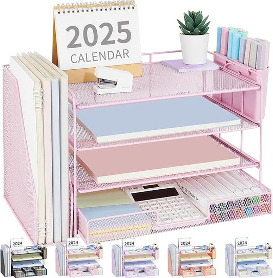 OPNICE Desk Organizer and Accessories, 4-Tier Desktop File Organizer with Drawer and 2 Pen Holders, Office Desk Accessories, File Sorters, Workspace Organizers for Office Supplies(Pink)