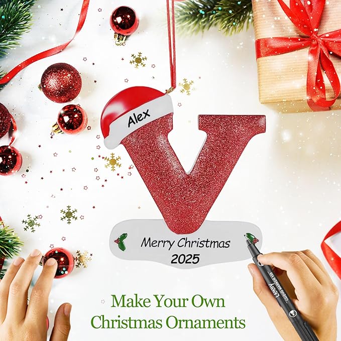 Personalized 26 Letters Ornaments for Christmas Tree 2025, Custom Christmas Ornament with Family Member's Names 3D Resin Xmas Hanging Pendant Original Gifts for Family Friends(V)