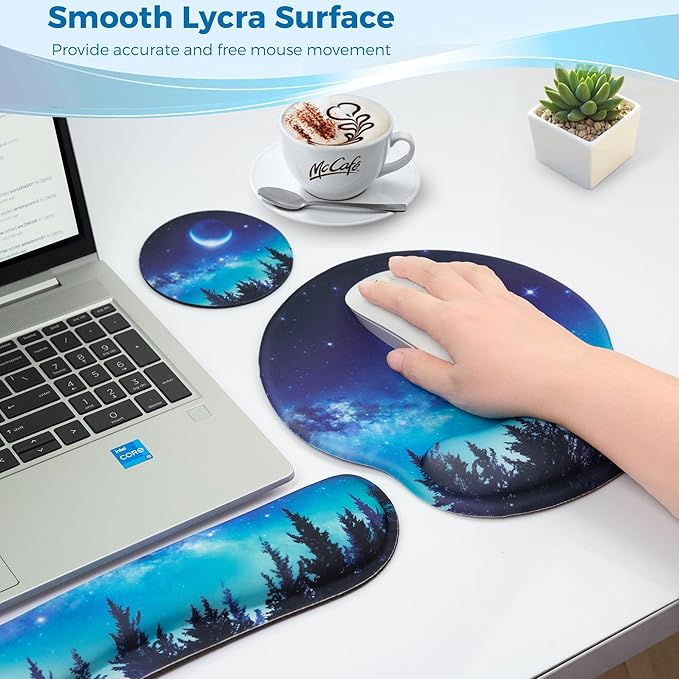 Mouse Pad and Keyboard Wrist Rest Support, with Non-Slip PU Base,Gel Mouse Pad with Coaster,Pain Relief for Gaming, Computer,Office -Forest Moon