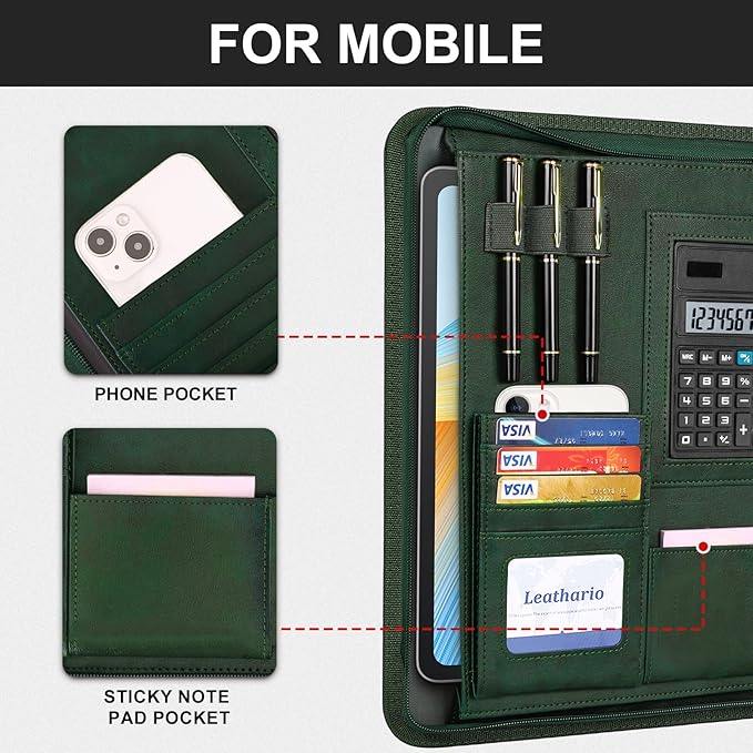 Leathario Portfolio Binder, 3-Ring Folder Organizer, Includes 5 Sheet Protectors and a Pen, Vegan Leather A4 Padfolio for Tablets, Business Conferences Professional Document Organizer, Office Supplies