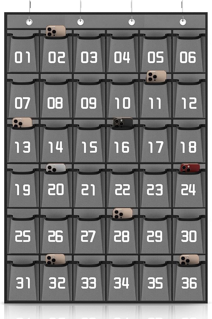 Loghot Numbered Classroom Sundries Closet Pocket Chart for Cell Phones Holder Wall Door Hanging Organizer (36 Pockets Gray)