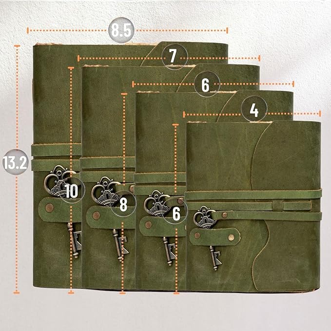 LEATHER VILLAGE Vintage Leather Journal – 200 Handmade Vintage Deckle Edge Paper – Leather bound Journal For Women Men – Vintage Key Closure - Book of Shadows - Green - 6X4 inches (A6)