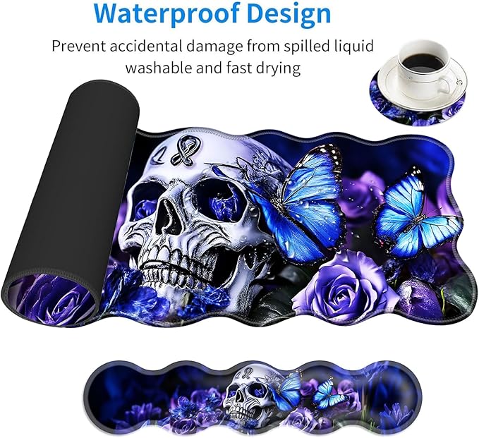 Large Mouse Pad and Keyboard Wrist Rest, Desk Pad for Keyboard and Mouse, 4-in-1 Large Gaming Mouse Pad with Wrist Support, Desk Mat for Home Office Study Game-Skull and Butterflies