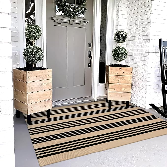 OJIA Christmas Outdoor Rug 3'x5', Black and Tan Area Rug Machine Washable Rugs Cotton Hand Woven Entry Rug Indoor Outdoor Striped Carpet for Front Porch/Deck/Backyard/Camping/Outdoor Decor