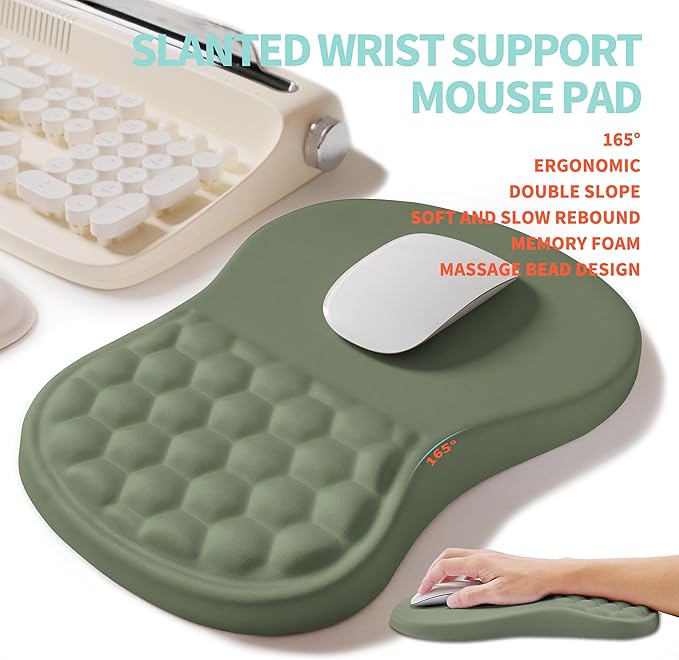 2-in-1 Ergonomic Set, Wave Rise Keyboard Wrist Rest and Massage Bulge Slope Mouse Pad Wrist Support, Cushion Memory Foam Integrated to Relieve Wrist Pain, Olive Green