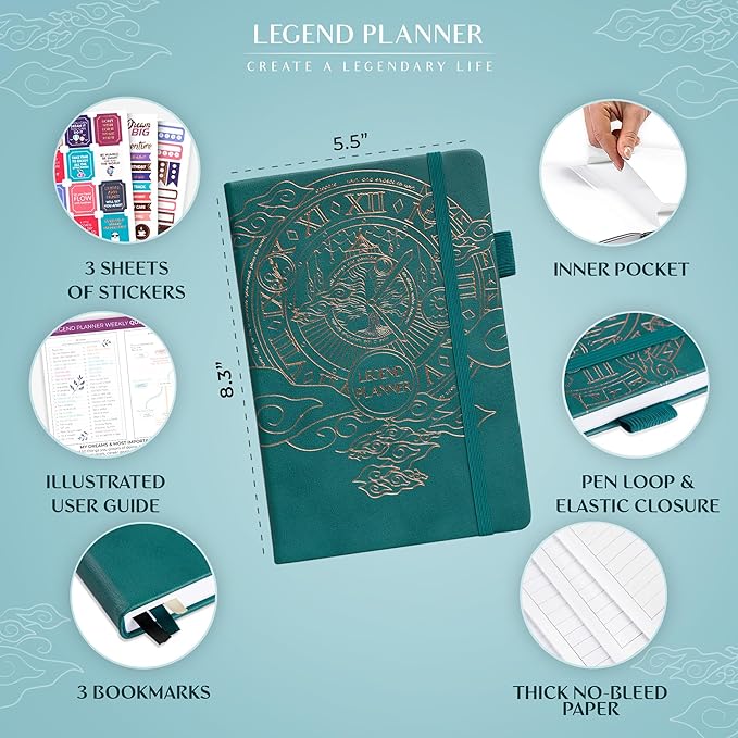 Legend Planner – Weekly & Monthly Life Planner to Hit Your Goals & Live Happier. Organizer Notebook & Productivity Journal. A5 (Dark Teal)