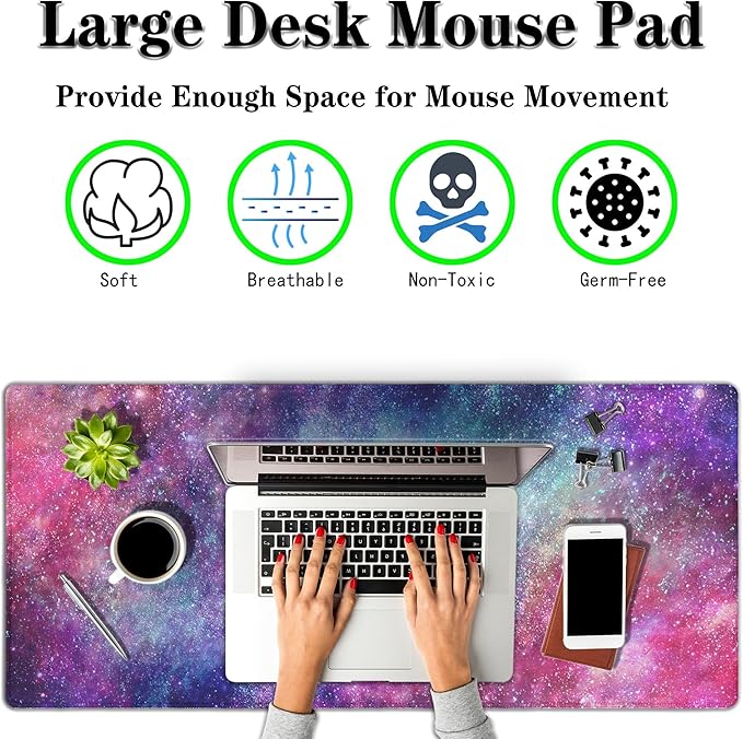 Large Mouse Pad Pink Computer Pad Computer Mat Gaming Mousepad Desk Mat Large Non-Slip Rubber Base Waterproof with Stitched Edges 35.4 X 15.7 for Game Office, Space Nebula Universe