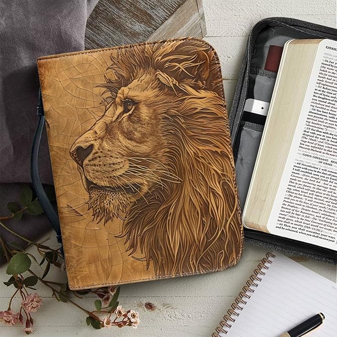 Lotusorchid Lion Print Bible Bag for Men, PU Leather Bible Cover Sturdy Bible Book Carrying Bags Christian Bible Study Accessories for Bible Study, Brown, M