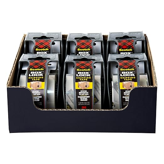 Scotch Box Lock Packing Tape, Clear, Extreme Grip Box Packaging Tape for Shipping and Mailing, 1.88 in. x 22.2 yd., 6 Rolls with Dispensers (Pack of 6)