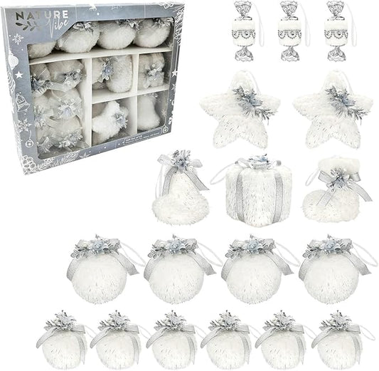 Nature Vibe Set of 18 Faux Fur White Christmas Ornaments in Gift Box,Ornament Balls and Hanging Stars with Silver Accent as Christmas Tree Decorations or Winter Wonderland Decorations