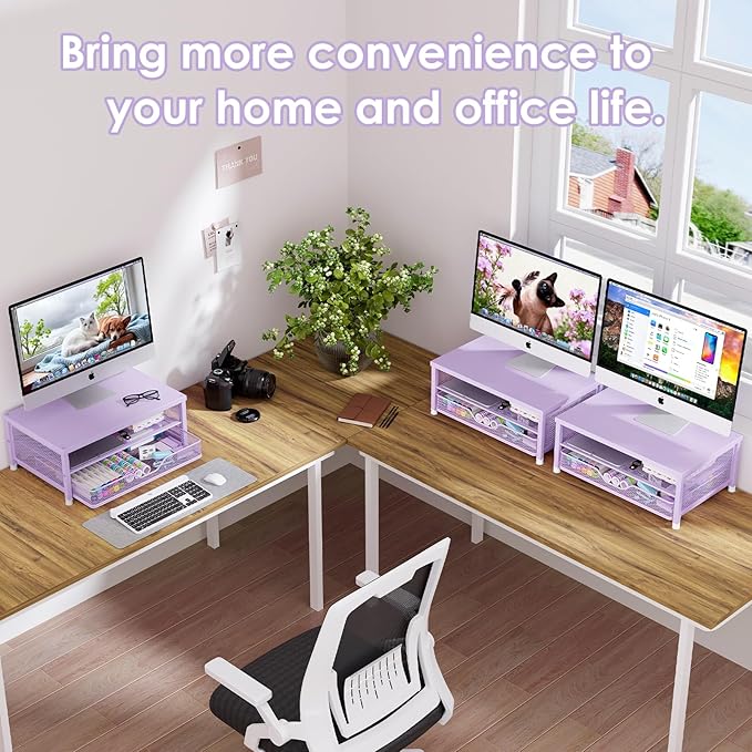 OPNICE Computer Monitor Stand Riser, Desk Organizers and Accessories with Drawer, Laptop Stand, Office Desk Accessories & Workspace Desktop Organizers Storage for Office Supplies(Purple)