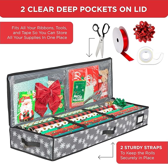 Wrapping Paper Storage Container – Fits up to 27 Rolls 1 3/8” Diam. - Underbed Gift Wrap Organizer Bags, Wrapping Paper Rolls, Ribbon, and Bows - Under Bed- Durable Material 600D - Up to 40" Rolls