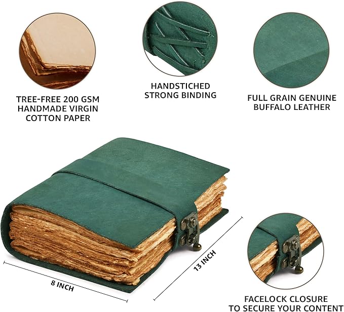 LEATHER VILLAGE Leather Bound Vintage Journal for Women & Men - Book of Shadows - Lock Closure - 200 Pages of Antique Deckle Edges Handmade Paper - Turquoise Color - 13 X 8 (A4) inches