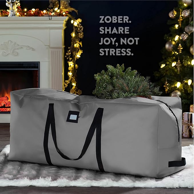 Zober Large Christmas Tree Storage Bag - Fits 9 Ft Artificial Trees - Tear Proof 600D Oxford Fabric Waterproof Christmas Tree Bag For Storage Box For Xmas - Strong, Durable Handles - Card Slot - Gray